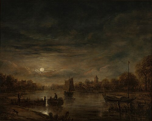 River landscape in the moonlight, 1650, Aernout van der Neer