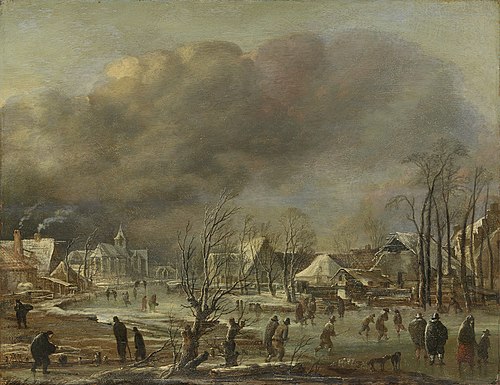 Snowfall on a village beside a frozen canal, 1650, Aernout van der Neer