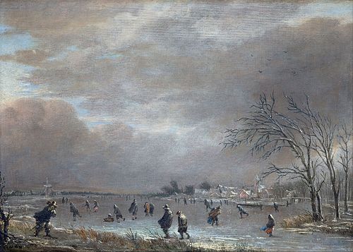 Paysage en hiver avec des patineurs sur la glace d'une rivière, 1655, Aernout van der Neer
