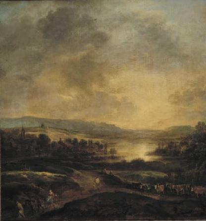 Hilly landscape at sunset, 1660, Aernout van der Neer