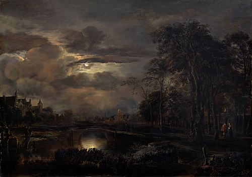 Moonlit Landscape with Bridge, 1650, Aernout van der Neer