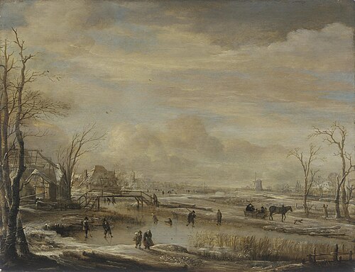Frozen River with a Footbridge, 1650, Aernout van der Neer