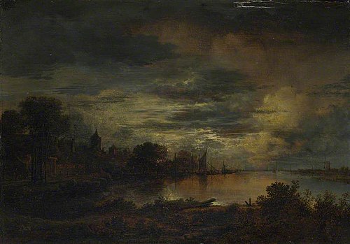 A Village by a River in Moonlight, 1645, Aernout van der Neer
