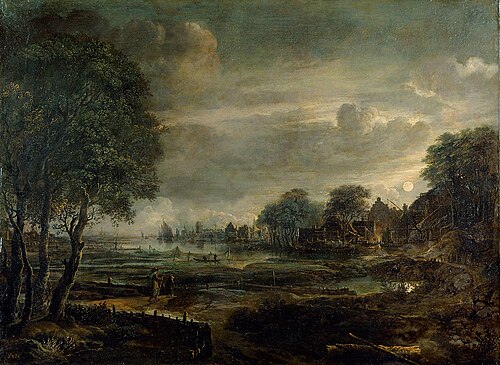 Moonlight Landscape with village, 1650, Aernout van der Neer