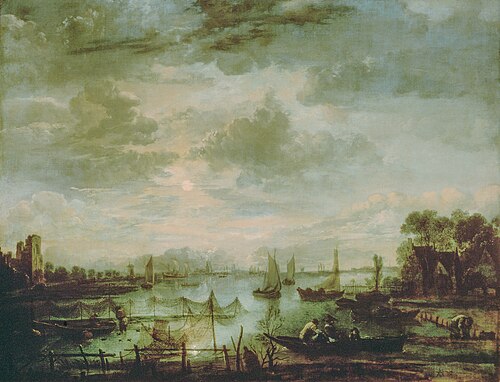 Vue sur la rivière avec des bâteaux au clair de lune, 1667, Aernout van der Neer