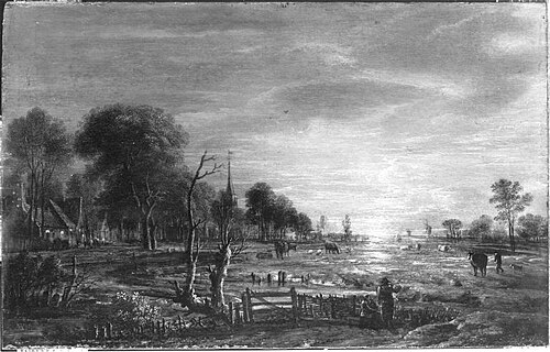 Sunset over a cattle meadow, , Aernout van der Neer