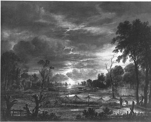 Moonlit Landscape with Fishing Nets, 1647, Aernout van der Neer