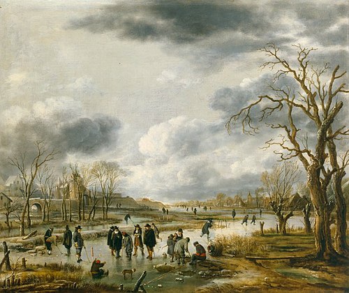 Scene on the ice outside the town walls, 1655, Aernout van der Neer