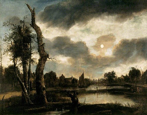 Moonlit Riverscape with a Windmill, 1650, Aernout van der Neer