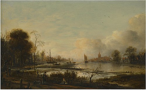 A river estuary at dusk with figures returning home along a track, a village beyond, 1660, Aernout van der Neer