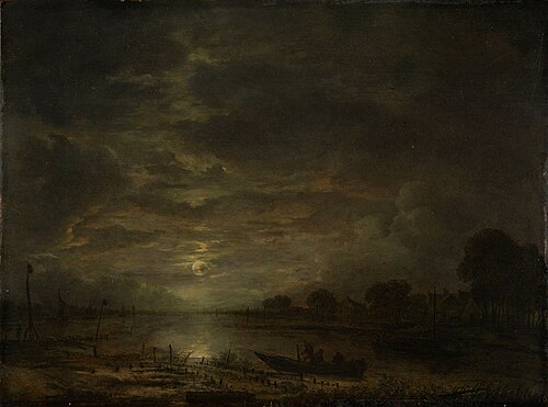 River Landscape by Moonlight, 1650, Aernout van der Neer
