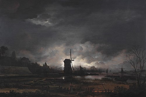 Moonlit Landscape with a Windmill, 1650, Aernout van der Neer