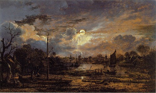River Landscape with Moonshine, 1655, Aernout van der Neer