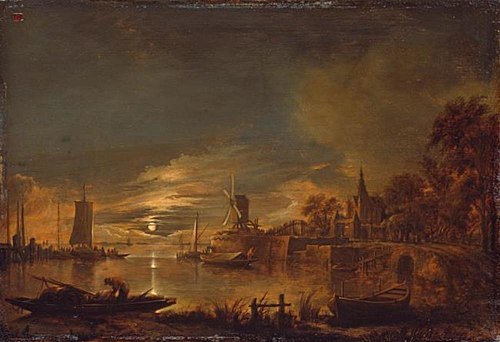 Moonlit river landscape with mill, 1646, Aert van der Neer