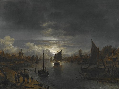 River Landscape by Moonlight with Boats & Settlements, 1660, Aernout van der Neer