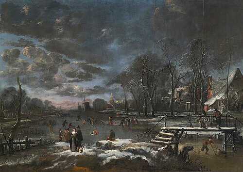 Skaters and Kolf Players on a Frozen River bordering a Village, 1660, Aernout van der Neer