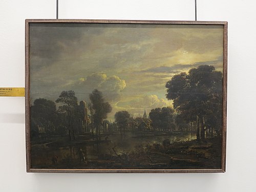 River landscape with church ruins and village scene, 1655, Aert van der Neer