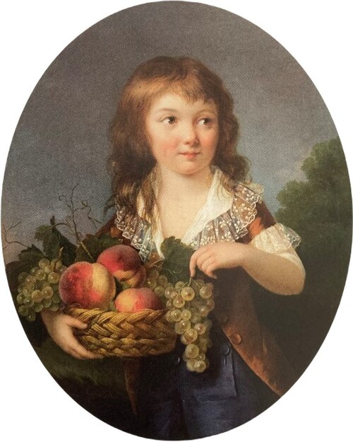 Portrait d'un jeune garçon tenant une corbeille de fruits, 1789, Marie-Élisabeth Gabiou