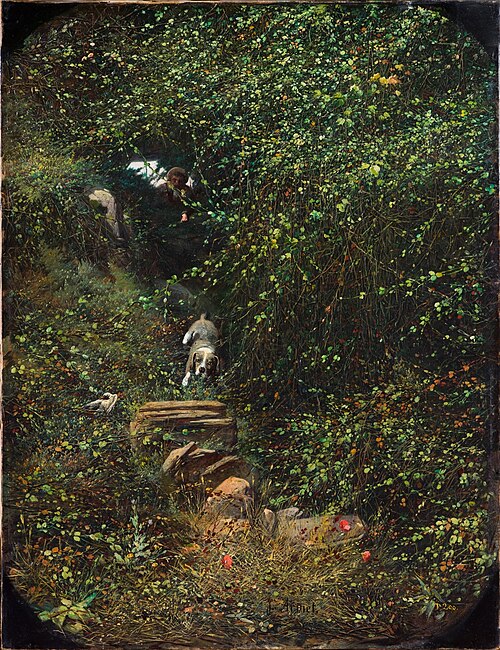 Paisaje con cazador y perro, 1866, José Armet Portanell