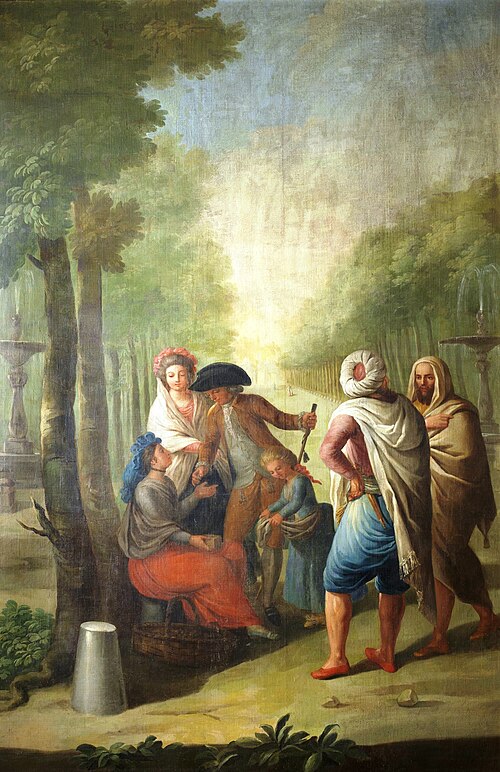 Paseo del Prado con personajes junto a una vendedora ambulante, 1701, José Juan Camarón y Meliá