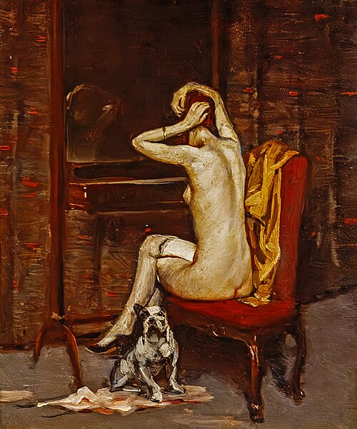 Nu féminin assis de dos avec un chien (Pierot), 1923, Lino Selvatico