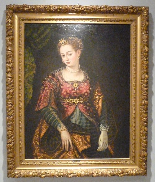 Ritratto di giovane donna con ricche vesti e gioielli, , Luca Mombello