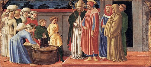 Saint Juste et Saint Clément multipliant le grain de Volterra, 1450, Maître de la Nativité de Caste