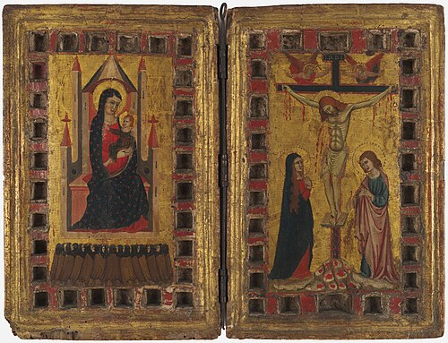 The Virgin and Child Enthroned; Christ on the Cross between the Virgin and Saint John the Evangelist, 1350, Master of Offida