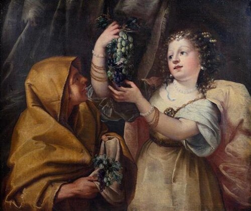 Young woman presenting a bunch of grapes, 1650, Marco Liberi