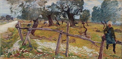 Olive grove with peasant girl and buffaloes, 1920, Mario Puccini