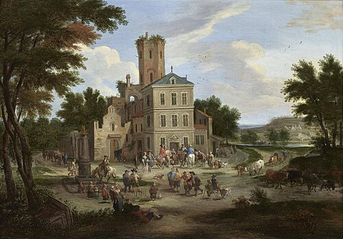 Townsfolk gathering outside a Public Buildings, 1692, Mathys Schoevaerdts