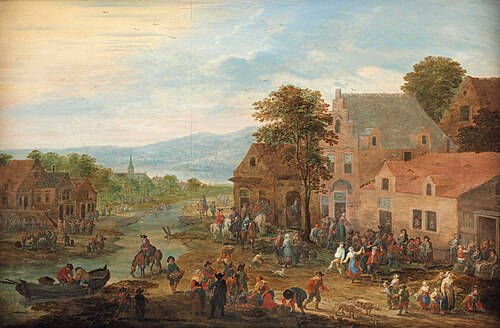 Townscape with fruit vendors, horsemen and villagers making merry, 1692, Mathys Schoevaerdts