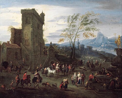 Falconry by a mansion in a river landscape, 1692, Mathys Schoevaerdts