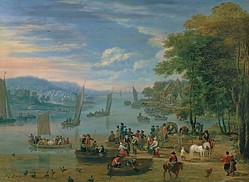 Town on an estuary with peasants in boats, 1692, Mathys Schoevaerdts
