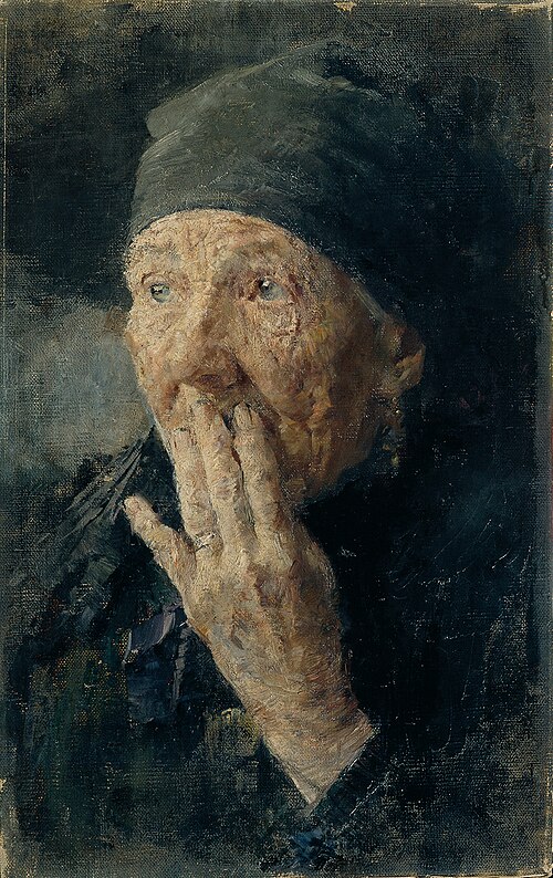 Kopf einer alten Frau mit der Hand am Mund, 1890, Caroline Kubin
