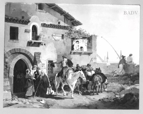 Italian inn - people calling fore - well, 1827, Peter von Hess