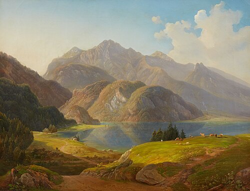Blick auf den Kochelsee mit Herzogstand und Heimgarten, 1854, Michael Lueger