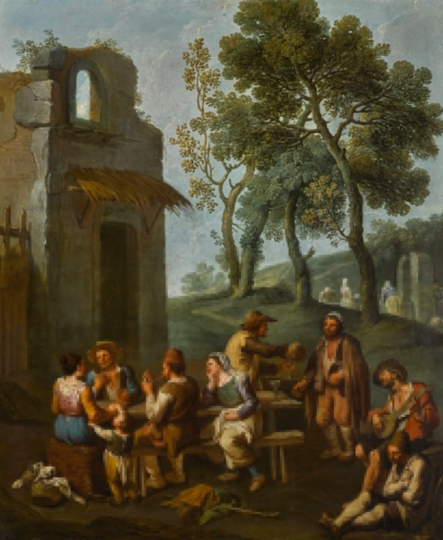 A LANDSCAPE WITH PEASANTS SITTING AND DRINKING BY A RUINED HOUSE, , Paolo Monaldi