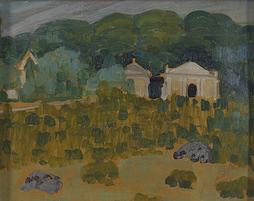Maastik valge hoonega (Kabelid Kuressaare kalmistul), 1913, Konrad Mägi
