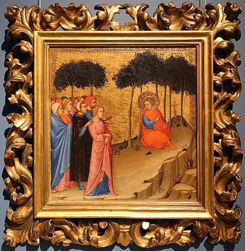 san galgano invita la gente ad adorare il crocifisso, 1415, Andrea di Bartolo