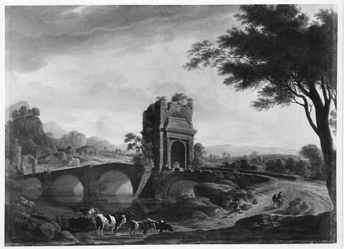 Landschaft mit steinerner Brücke, 1790, Philippe Le Clerc