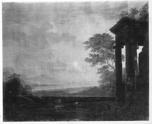 Landschaft mit Tempelruine bei Sonnenaufgang, 1780, Philippe Le Clerc