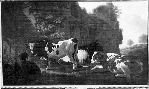 Rinder vor einer Kirchenruine, 1790, Philippe Le Clerc