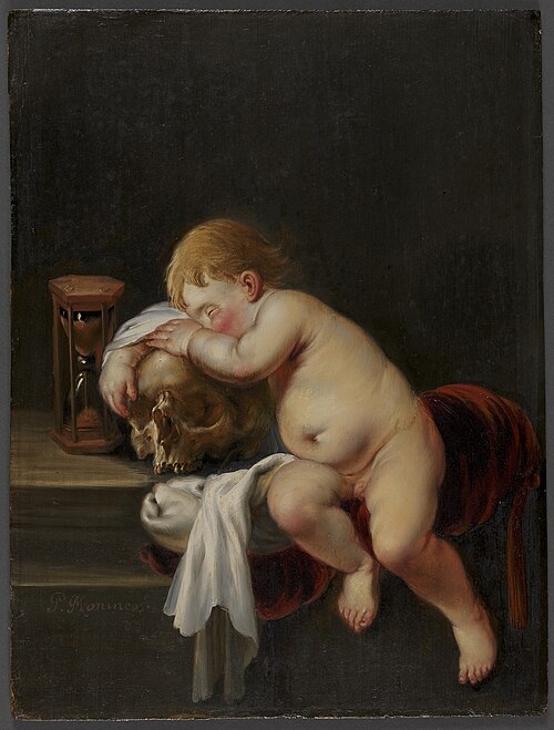 Boy sleeping on a Skull, 1653, Pieter Moninckx