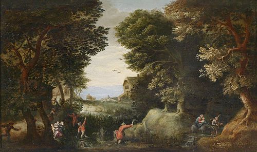 Bewaldete Landschaft mit Latona, die die lykischen Bauern in Frösche verwandelt, 1607, Pieter Schoubroeck