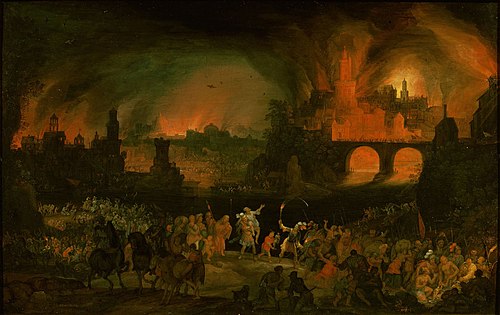 Aeneas trägt seinen Vater Anchises aus dem brennendem Troja, 1606, Pieter Schoubroeck