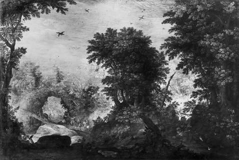 Waldlandschaft mit der Fabel "Der Adler und der Rabe", 1604, Pieter Schoubroeck