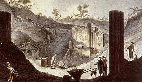 The discovery of the temple of Isis at Pompeii, buried under pumice and other volcanic matter, , Pietro Fabris