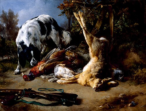 Spaniel with a Still Life of Dead Game, 1837, Jacques Raymond Brascassat