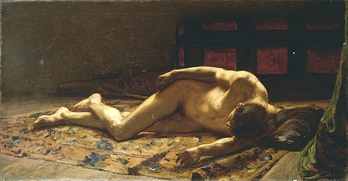 Uomo nudo disteso su un tappeto, , Ponziano Loverini